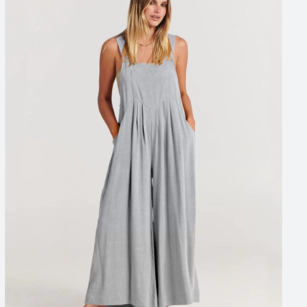 Anrabess wide leg linen blend overalls size L blue grey